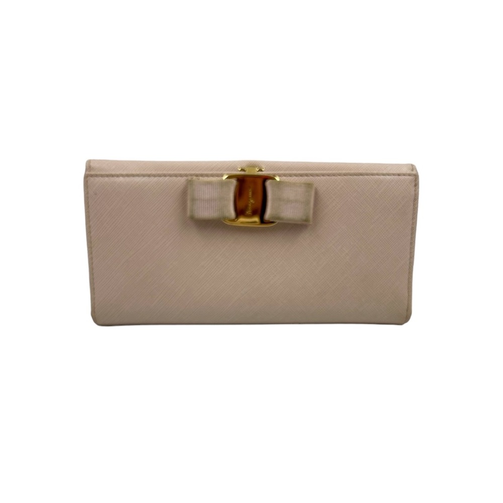 Salvatore Ferragamo Blush Pink Gold Bow Leather Bifold Long Wallet‎